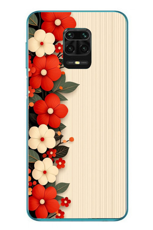 Redmi Note 9s Uyumlu Kırmızı Beyaz Çiçekler Baskılı Silikon Kılıf