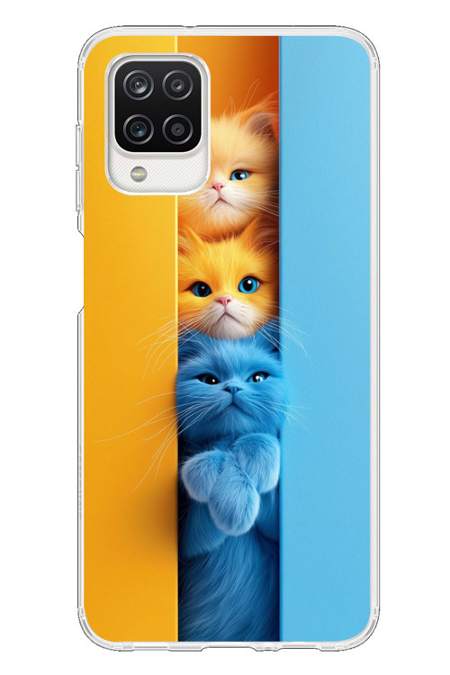 Samsung Galaxy A12 Uyumlu Mavi Sarı Kediler Baskılı Silikon Kılıf