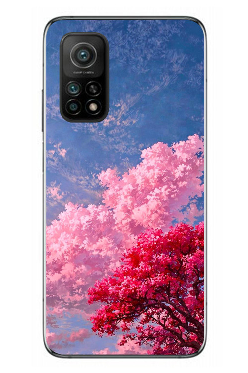 Xiaomi Mi 10 T Uyumlu Kırmızı Pembe Ağaçlar Baskılı Silikon Kılıf