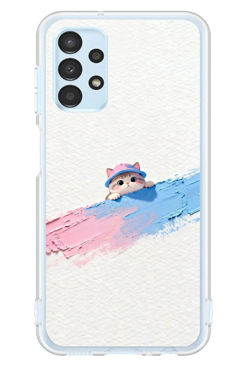 Samsung Galaxy A13 Uyumlu Pembe Mavi Kedi Baskılı Silikon Kılıf