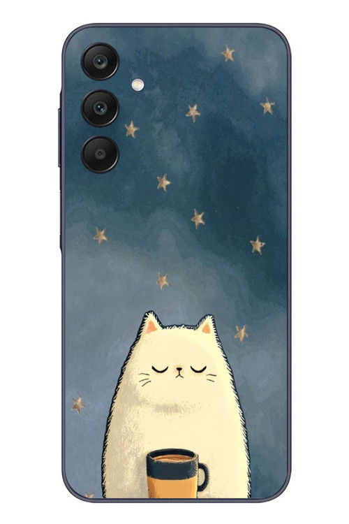 Samsung Galaxy A25 Uyumlu Kahveci Beyaz Kedir Baskılı Silikon Kılıf
