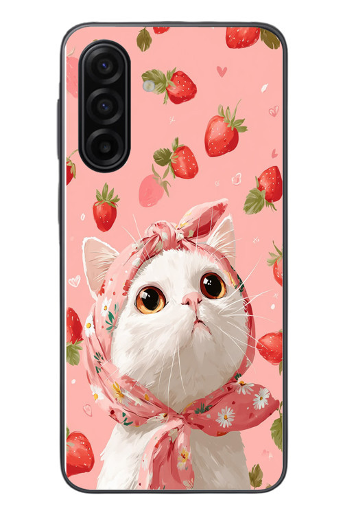 Samsung Galaxy A17 Uyumlu Örtülü Kedi Çilekli Baskılı Silikon Kılıf