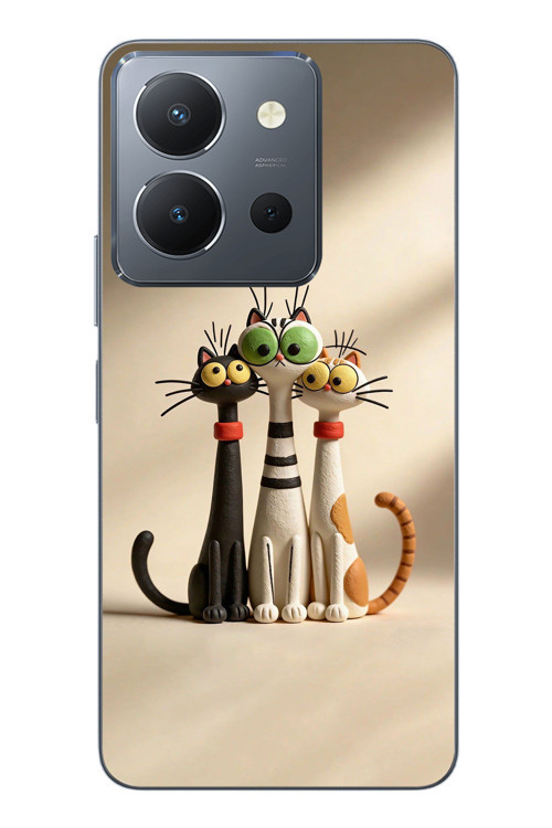 Vivo Y36 Uyumlu Neşeli Kedi Ailesi Baskılı Silikon Kılıf