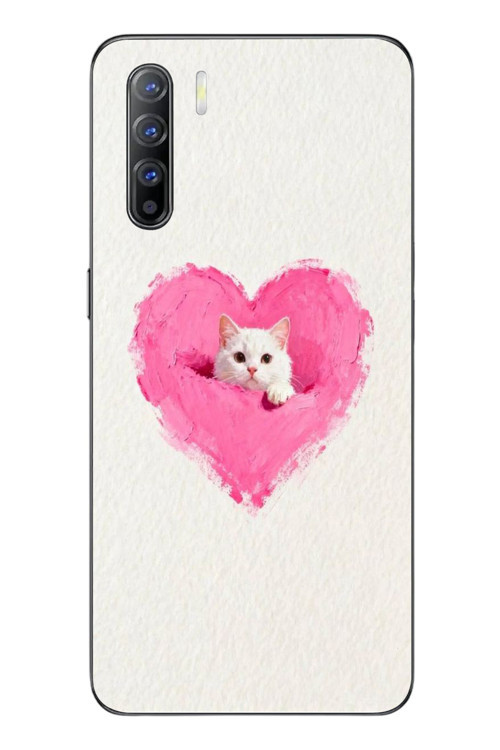 Oppo Reno 3 Uyumlu Pembe Kalpli Kedi Baskılı Silikon Kılıf