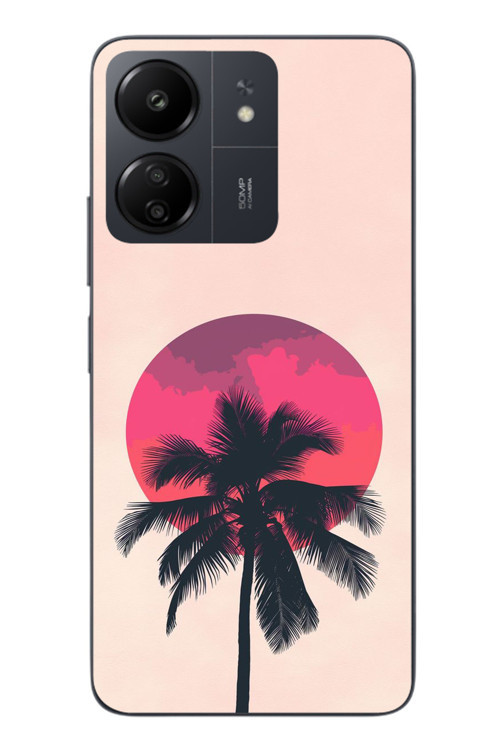 Redmi 13C Uyumlu Palmiye Kırmızı Ay Baskılı Silikon Kılıf