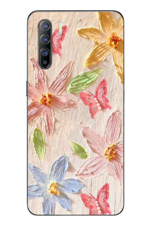 Oppo Reno 3 Uyumlu Kelebekli Papatya Baskılı Silikon Kılıf