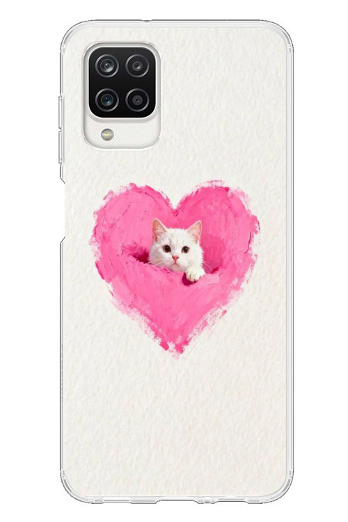 Samsung Galaxy A12 Uyumlu Pembe Kalpli Kedi Baskılı Silikon Kılıf