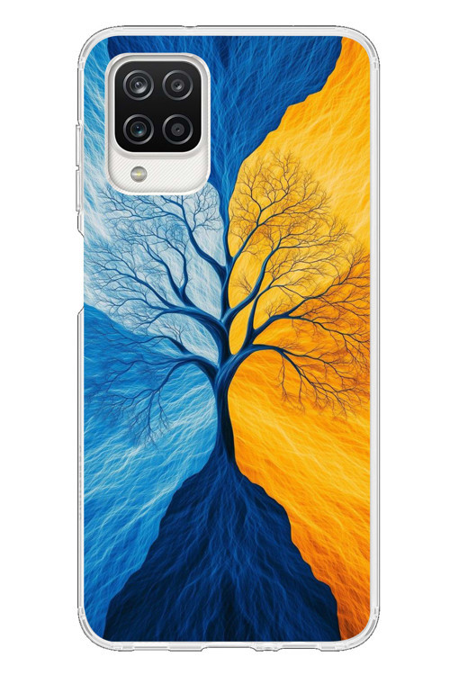 Samsung Galaxy A12 Uyumlu Sarı Mavi Ağaç Baskılı Silikon Kılıf