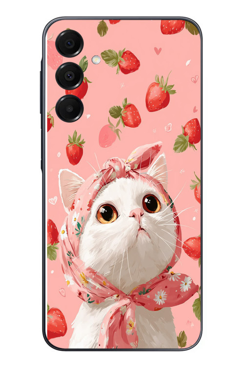 Samsung Galaxy A16 Uyumlu Örtülü Kedi Çilekli Baskılı Silikon Kılıf