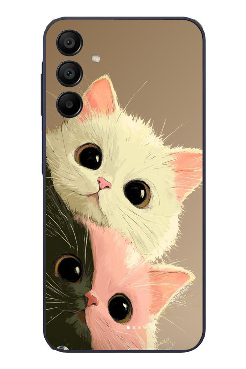 Samsung Galaxy A15 Uyumlu Pembe Siyah Beyaz Kedi Baskılı Silikon Kılıf