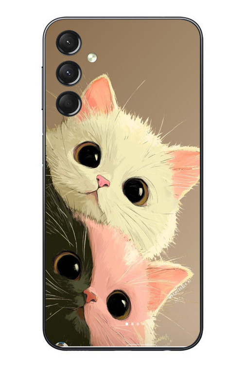 Samsung Galaxy A24 Uyumlu Pembe Siyah Beyaz Kedi Baskılı Silikon Kılıf