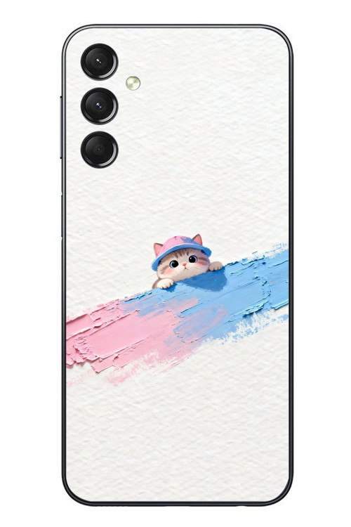 Samsung Galaxy A24 Uyumlu Pembe Mavi Kedi Baskılı Silikon Kılıf