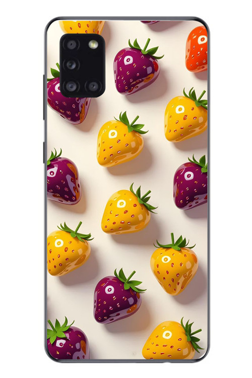 Samsung Galaxy A31 Uyumlu Sarı Kırmızı Çilekler Baskılı Silikon Kılıf