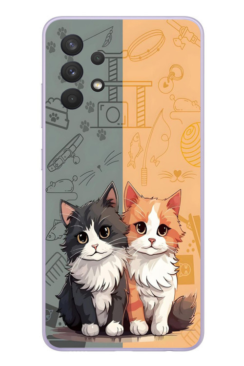 Samsung Galaxy A32 Uyumlu Sarı ve Siyah Kedi Baskılı Silikon Kılıf
