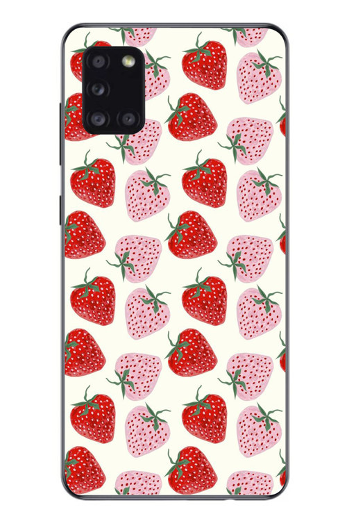 Samsung Galaxy A31 Uyumlu Kırmızı Pembe Çilekler Baskılı Silikon Kılıf