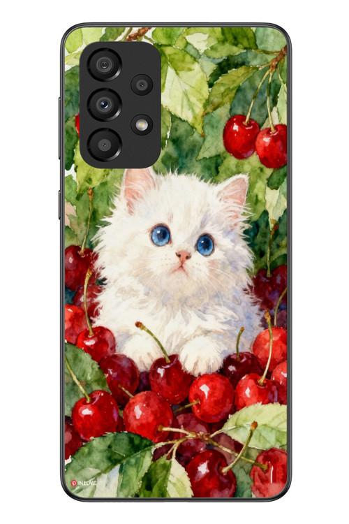 Samsung Galaxy A33 Uyumlu Kirazlı Kedi Baskılı Silikon Kılıf