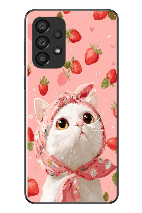 Samsung Galaxy A33 Uyumlu Örtülü Kedi Çilekli Baskılı Silikon Kılıf