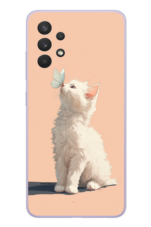 Samsung Galaxy A32 Uyumlu Beyaz Kelebekli Kedi Baskılı Silikon Kılıf
