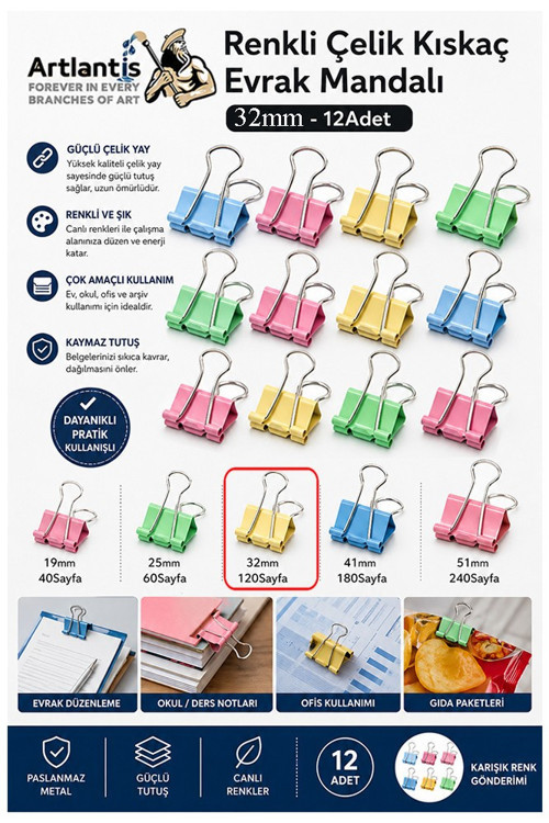 Renkli Çelik Kıskaç Klips 32 mm 12 Adet Evrak Mandalı Renkli Metal Mandal Binder Clips Kıskaç 120 Sayfa Kapasiteli