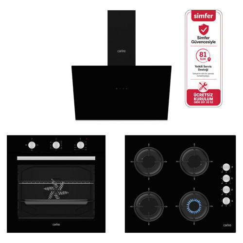 4 Fonksiyon Mekanik Siyah Power Turbo 3'lü Cam Ocaklı Ankastre Set (Fırın+Ocak+Davlumbaz)