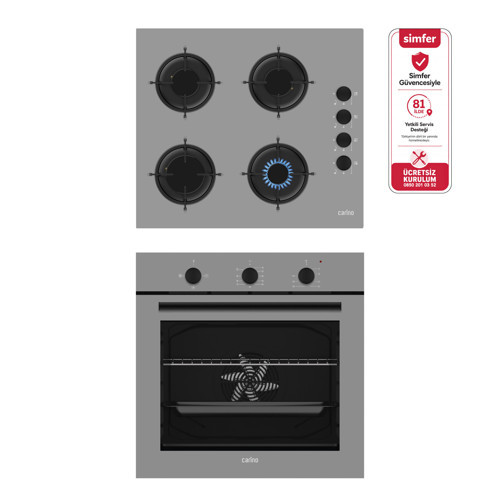 4 Fonksiyon Mekanik Gri Power Turbo 2'li Cam Ocaklı Ankastre Set (Fırın+Ocak)