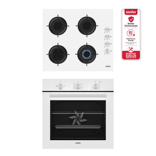 4 Fonksiyon Mekanik Beyaz Power Turbo 2'li Cam Ocaklı Ankastre Set (Fırın+Ocak)