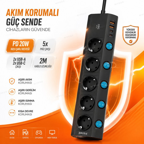 Nvg PD20C Akım Korumalı 5'li Priz 2M Kablolu 2 USB + 2 Type-C USB-C Çoklu Priz Anahtarlı FTR-28 Masaüstü Priz