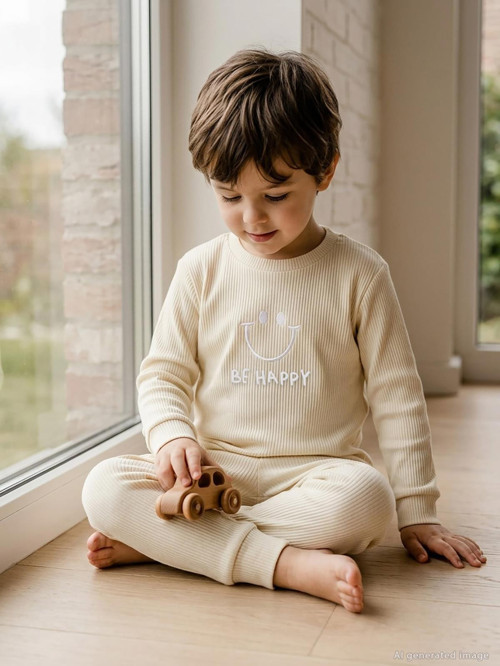 Gülen Yüz Baskılı 1-6 Yaş Pijama Takımı - Bej