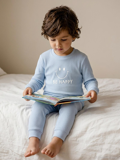 Gülen Yüz Baskılı 1-6 Yaş Pijama Takımı - Mavi