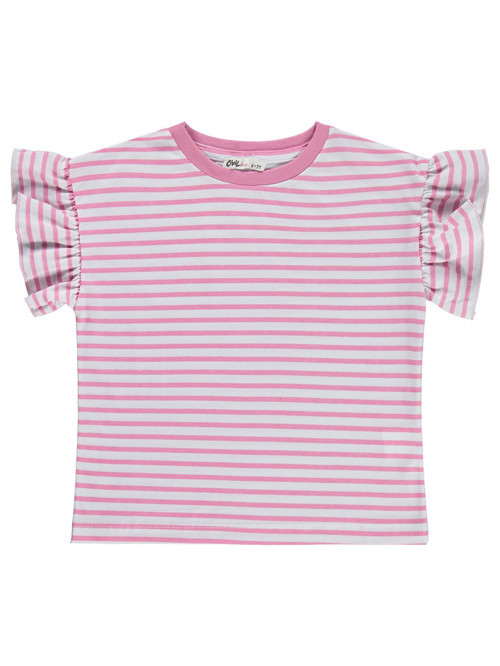 Çizgili Volan Kol 6-9 Yaş Tişört - Pembe