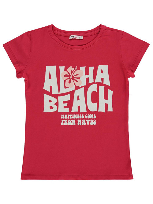Aloha Beach Baskılı 10-13 Yaş Tişört - Kırmızı