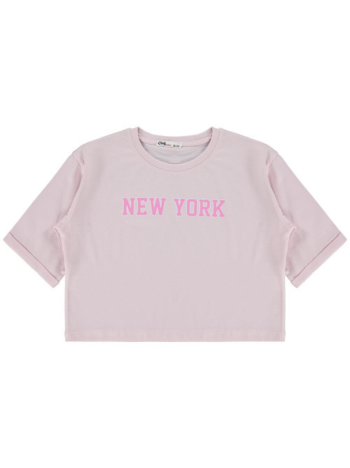 New York Baskılı 10-13 Yaş Tişört - Pudra