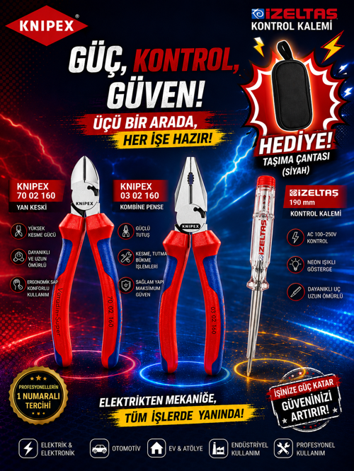 KNIPEX 70 02 160 + 03 02 160 + İzeltaş 190 mm Kontrol Kalemi Seti | Taşıma Çantalı Profesyonel 3'lü Set