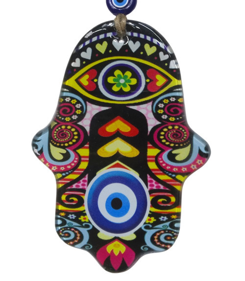 Renkli Cam Hamsa Eli Duvar Dekoru - Nazar Boncuklu Jüt İpli Süs 10x15 cm
