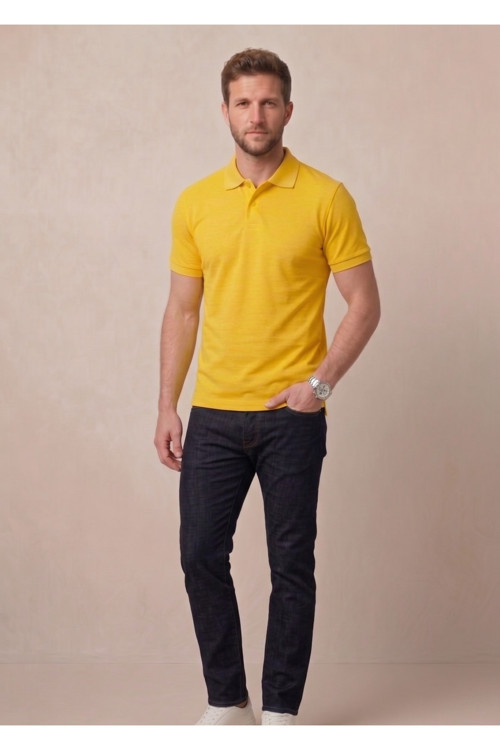 Erkek Yakalı Düğmeli Sarı T-shirt