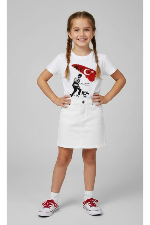 Kız Çocuk Kocatepe ATATÜRK Baskılı T-Shirt Ve Keten Etek Takım 23 NİSAN-Özel Bayramlar