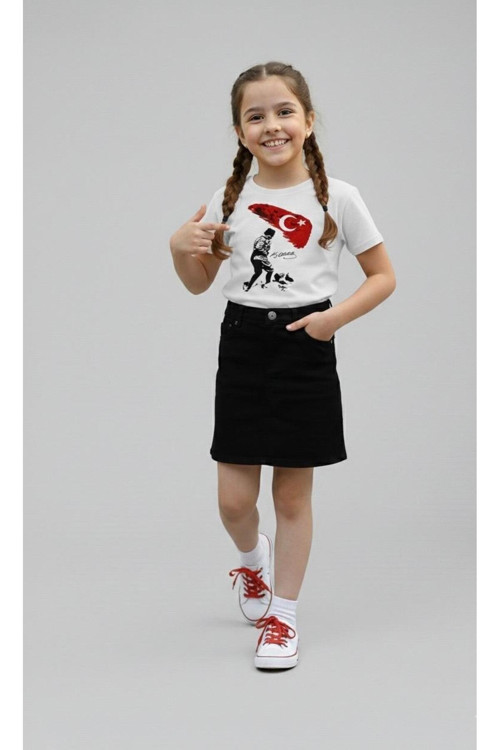 Kız Çocuk Kocatepe ATATÜRK Baskılı T-Shirt Ve Keten Etek Takım 23 NİSAN-Özel Bayramlar