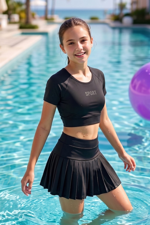 Kısa Kollu Üst Şortlu Etekli Kız Çocuk Yüzücü Mayo 26604 Siyah
