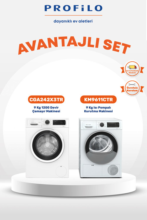 2li 9 Kg Set Çamaşır Makinesi(CGA242X3TR) + Kurutma Makinesi(KM9611CTR)