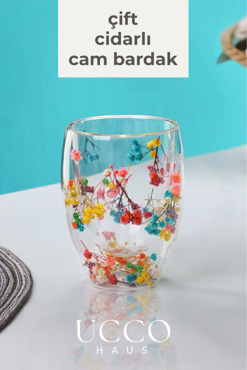 Çift Cidarlı 350 ml Çiçekli Borosilikat Cam Bardak – Isıya Dayanıklı Şık Kahve Su Meşrubat Limonata