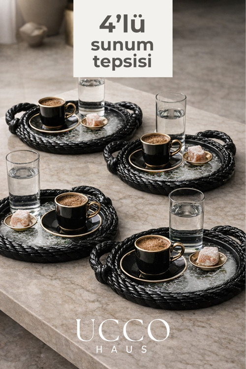 4’lü Sunum Tepsisi - Yuvarlak Türk Kahvesi Sunumluk Modern ve Şık Servis Tepsisi - Plastik Tepsi