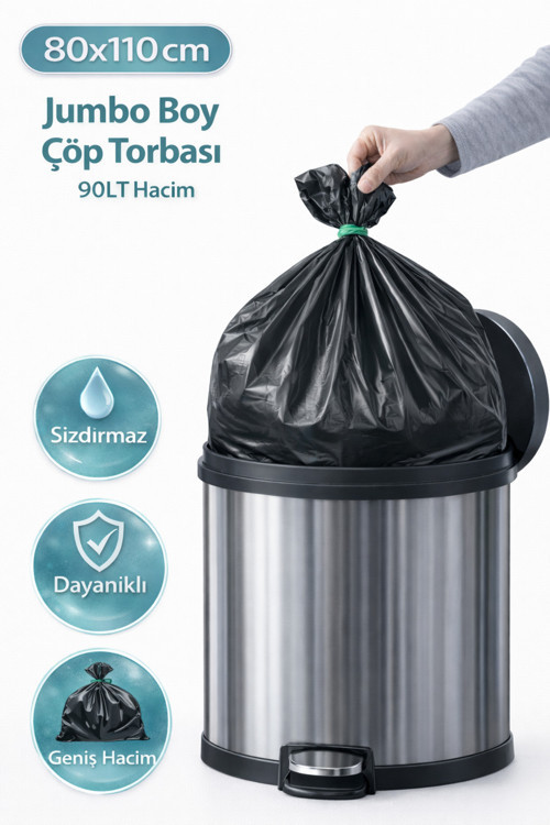 Endüstriyel Jumbo Çöp Torbası 90 Lt 80x110 cm Ekstra Dayanıklı 10'lu x 20 Rulo