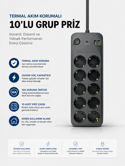 popüler Termal Akım Korumalı USB Type-C Girişli 10'lu Grup Priz 2500W Güç Kapasitesi (Kopya) 2