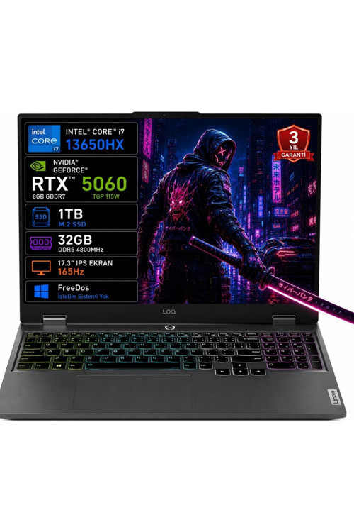 Loq 17Irx10 83Jh00Cktr I7-13650Hx 32Gb 1Tb Ssd Rtx5060 8Gb Tgp 115W 17.3" Ips 165Hz Freedos Taşınabilir Bilgisayar