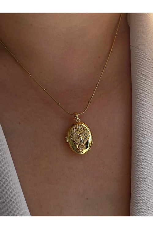 Ankakuşu Alya Kolyesi Gold Renk Çelik Kapaklı Kolye