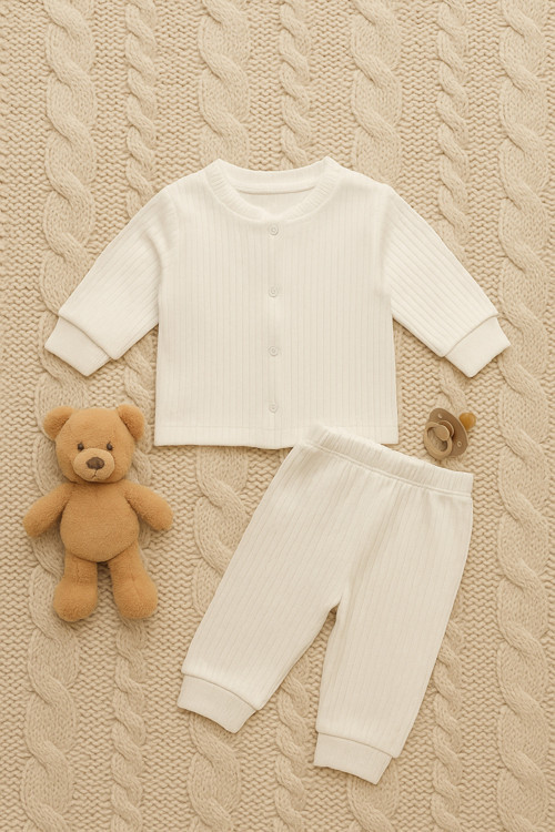 2’Li Beyaz Pamuklu Yeni Doğan Bebek Takımı – Çıt Çıtlı Üst & Alt Set – Unisex Bebek Kıyafeti