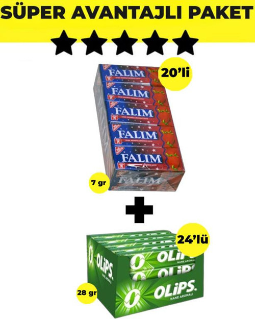 Çilek Aromalı Sakız (5'li x 20 Adet)- Olips Nane 24'lü Paket (28gr x 24 Adet)
