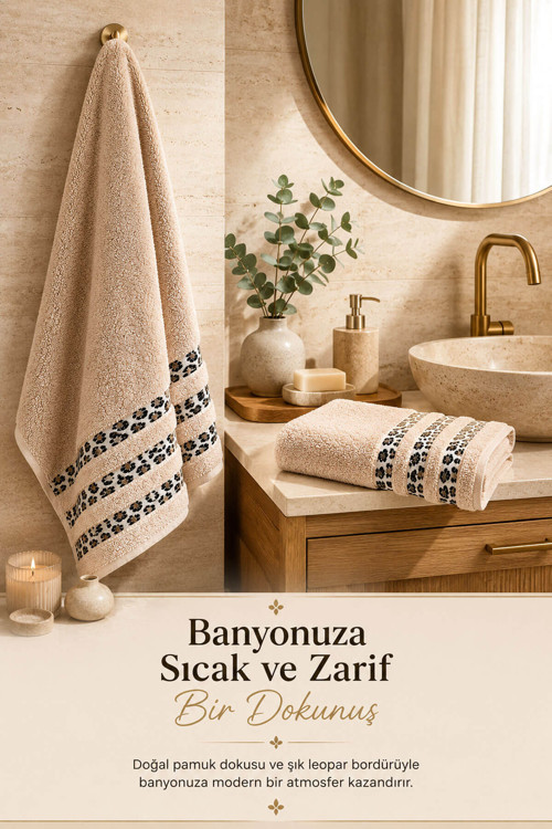 2 Parça Banyo Havlu Seti %100 Pamuk Leopar Deluxe (70x140 Cm + 50x90 Cm)
