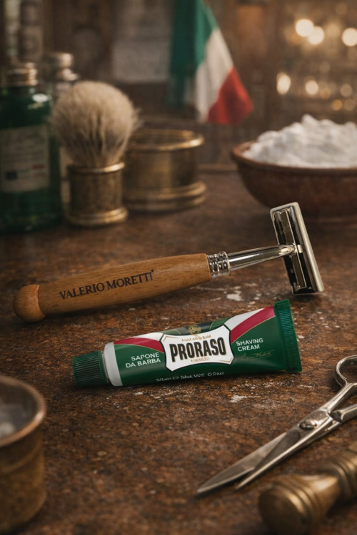 Ahşap Saplı Klasik Tıraş Bıçağı + Proraso Shaving Cream 10 ml – Seyahat Tıraş Seti