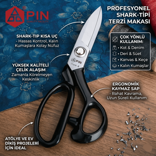 Profesyonel Shark Tipi Kumaş Makası - Deri, Kot, Keçe Kesimi İçin Kısa Uçlu Terzi Makası